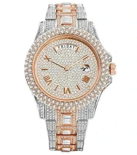 Luxury crystal watch for men with exquisite detailing and rose gold accents.