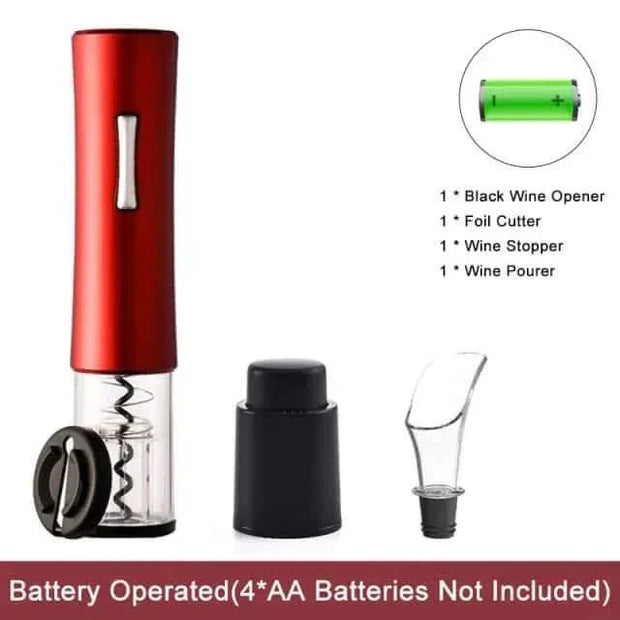 Automatic wine bottle opener set with foil cutter, wine stopper, and wine pourer; battery operated (4 AA batteries not included).