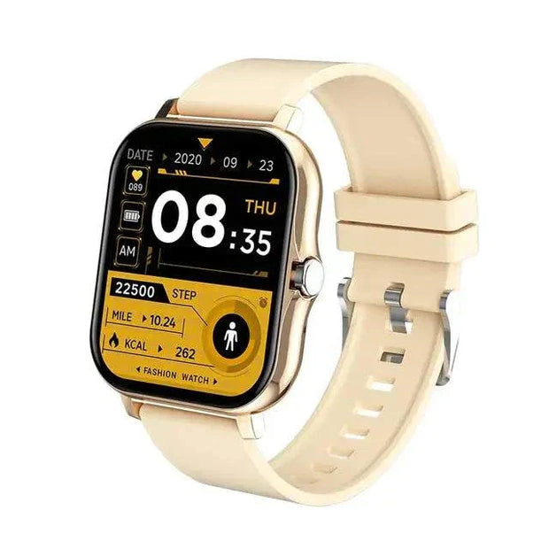 Fitness Tracker Smart Watch with 1.69-inch color touch screen and beige band.