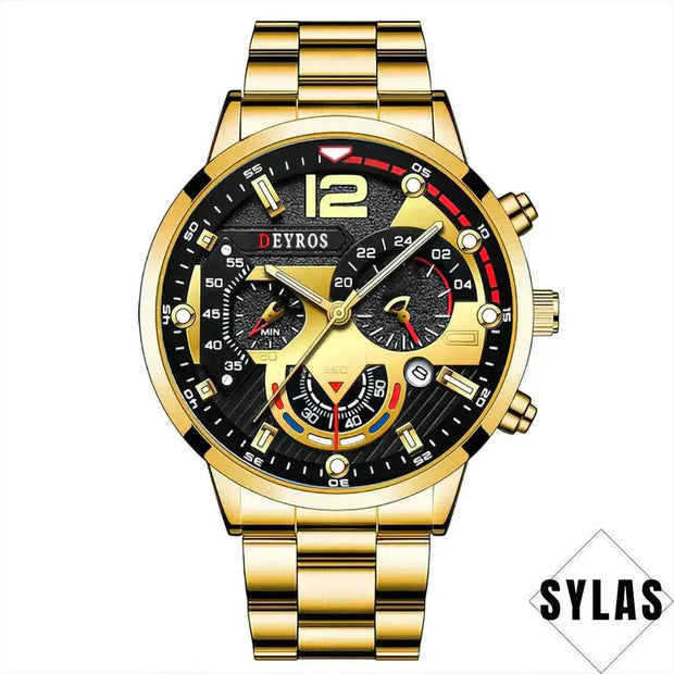 Luxury men's business watch with gold stainless steel band and intricate dial design.