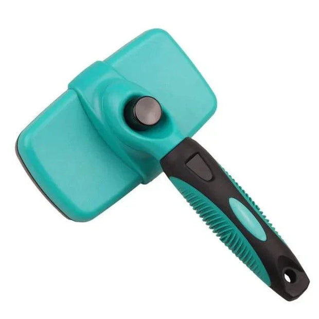 Self Cleaning Dog Brush with ergonomic handle and retractable bristles for easy fur removal.
