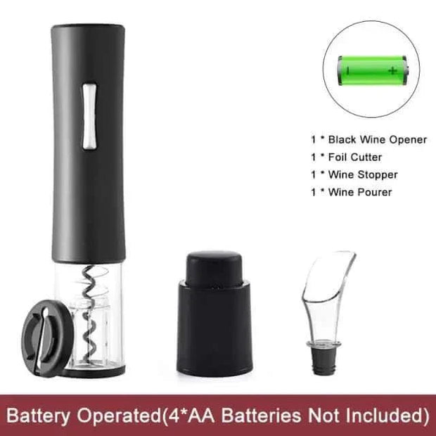 Automatic Wine Bottle Opener set with foil cutter, wine stopper, and pourer, battery-operated.