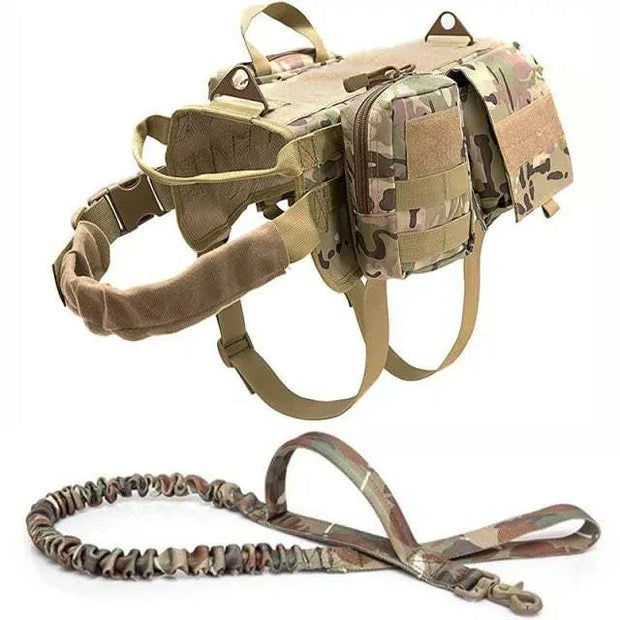 Tactical Military Dog Harness with adjustable straps and camo design, crafted from durable nylon for outdoor adventures.