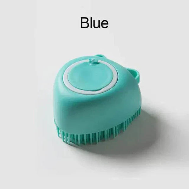 Blue soft silicone dog brush with built-in shampoo dispenser and gentle bristles.
