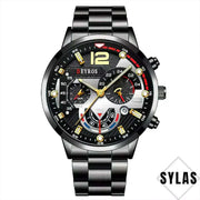 Stylish men's business watch with a black stainless steel band and intricate dial design.