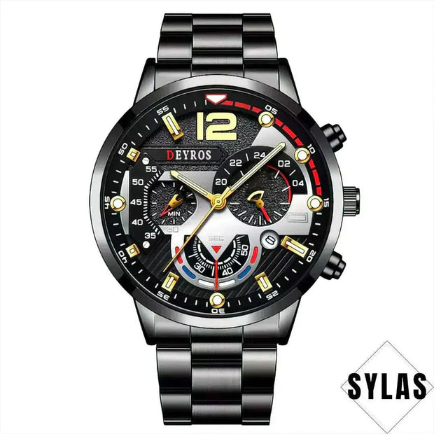 Stylish men's business watch with a black stainless steel band and intricate dial design.