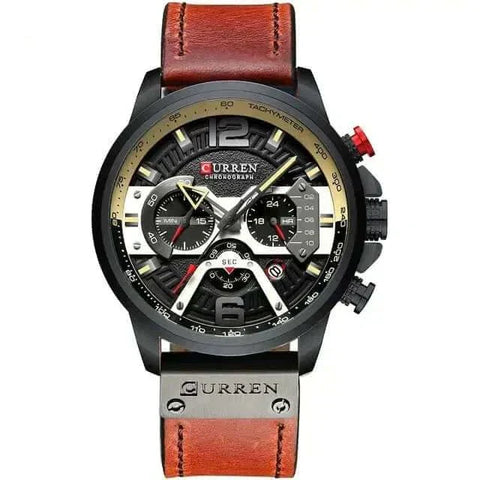 Military Leather Chronograph Watch with brown leather strap and bold black dial featuring chronograph functions.