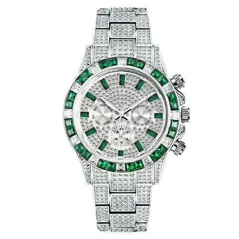 Diamond Calendar Watch with shimmering diamonds and calendar display.