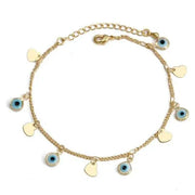 Gold charm bracelet with blue eye and heart charms, featuring a secure clasp for customizable wear.