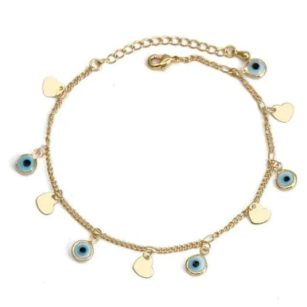 Gold charm bracelet with blue eye and heart charms, featuring a secure clasp for customizable wear.