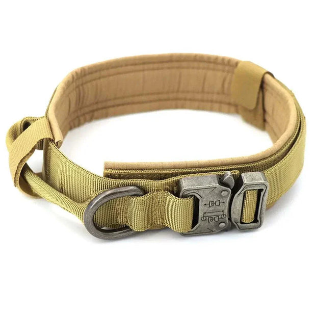 Heavy-Duty Dog Collar with durable 1000D nylon, quick-release buckle, control handle, and D-ring for leash attachment.