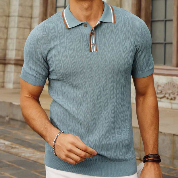 Men's casual short sleeve sweater in light blue, featuring a textured design.