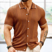 Men's brown button-down knitted shirt with short sleeves, made from thin, TENCEL fabric.