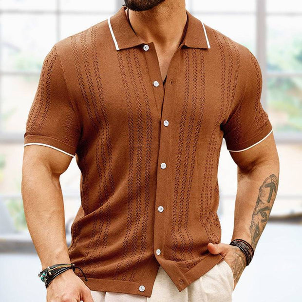 Men's brown button-down knitted shirt with short sleeves, made from thin, TENCEL fabric.