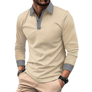 Mens long-sleeve polo shirt in apricot with plaid collar and cuffs.