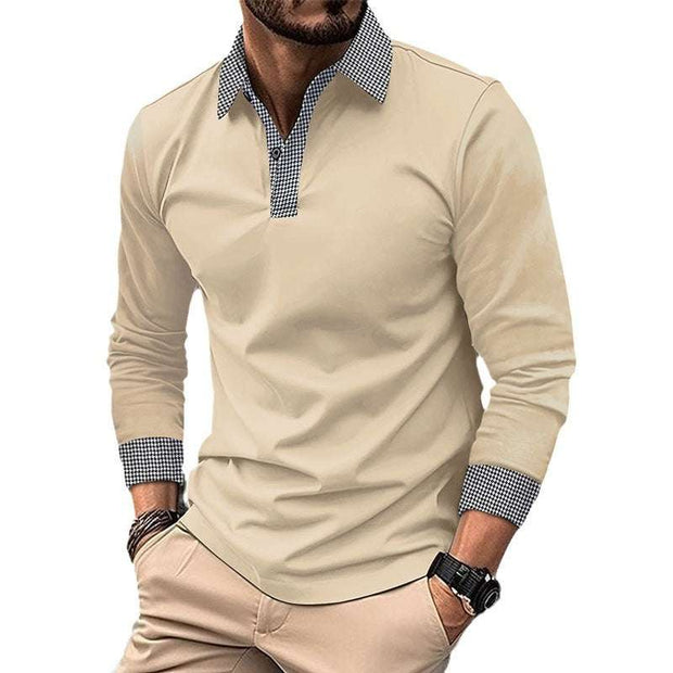 Mens long-sleeve polo shirt in apricot with plaid collar and cuffs.