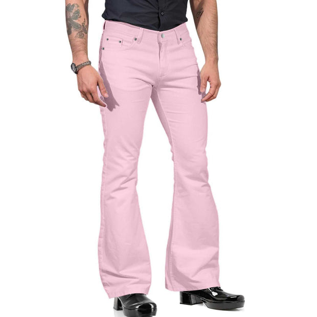 Mens pink bell-bottom pants with dramatic flare and fitted thigh design, retro-inspired style.