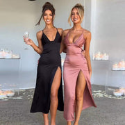 Elegant Bodycon Spaghetti Strapless Dress in black and light purple, featuring a high slit design. Perfect for formal occasions.
