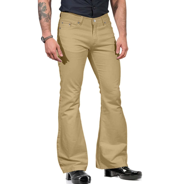 Mens bell-bottom pants, khaki color, retro style casual fashion.
