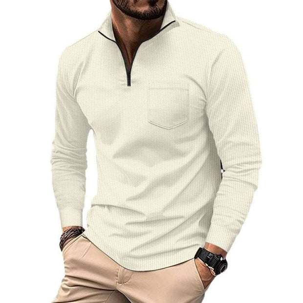 Waffle Sports Polo Shirt in solid white with long sleeves and a unique waffle texture for style and comfort.