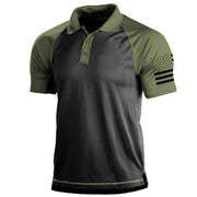 Men's large size t-shirt in gray and green, polyester fabric, front view with short sleeves and casual design.