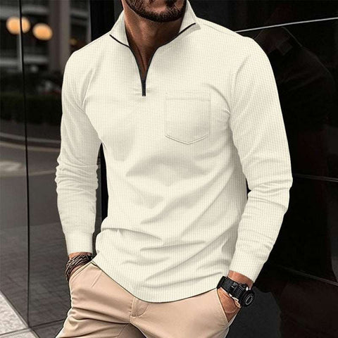 Waffle Sports Polo Shirt with waffle texture and zipper decorations, long sleeves, suitable for sports and casual outings.
