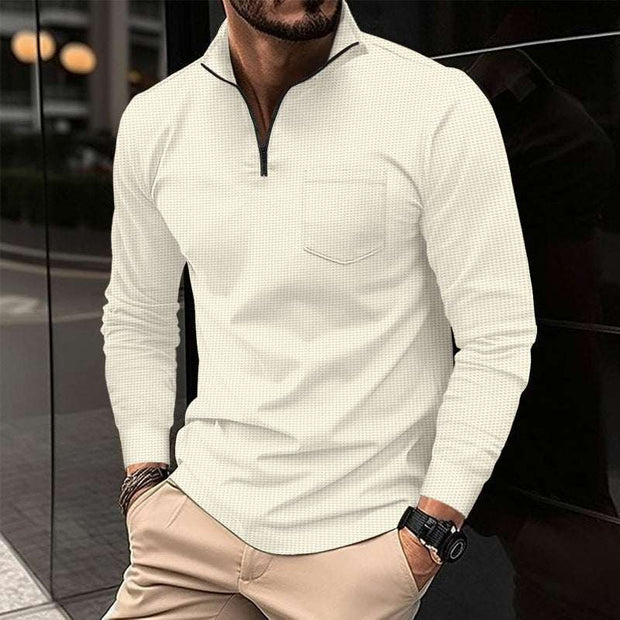 Waffle Sports Polo Shirt with waffle texture and zipper decorations, long sleeves, suitable for sports and casual outings.