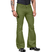 Mens army green bell-bottom pants with fitted design and dramatic flare.