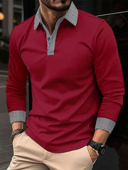 Mens wine red long-sleeve polo shirt with plaid collar and cuffs.