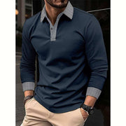 Mens navy blue long-sleeve polo shirt with plaid collar and cuffs, cotton blend fabric.