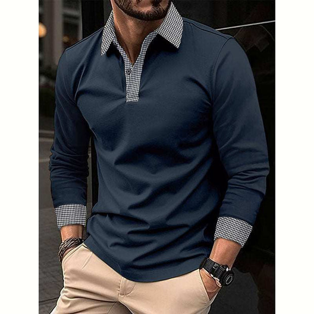 Mens navy blue long-sleeve polo shirt with plaid collar and cuffs, cotton blend fabric.