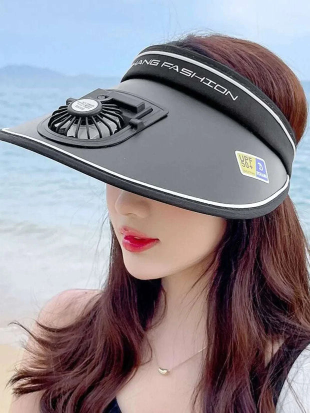 Women's UV protection fan hat with wide brim, featuring integrated fan for cooling.