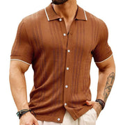 Men's brown button-down knitted shirt with short sleeves, made from thin TENCEL fabric for summer wear.