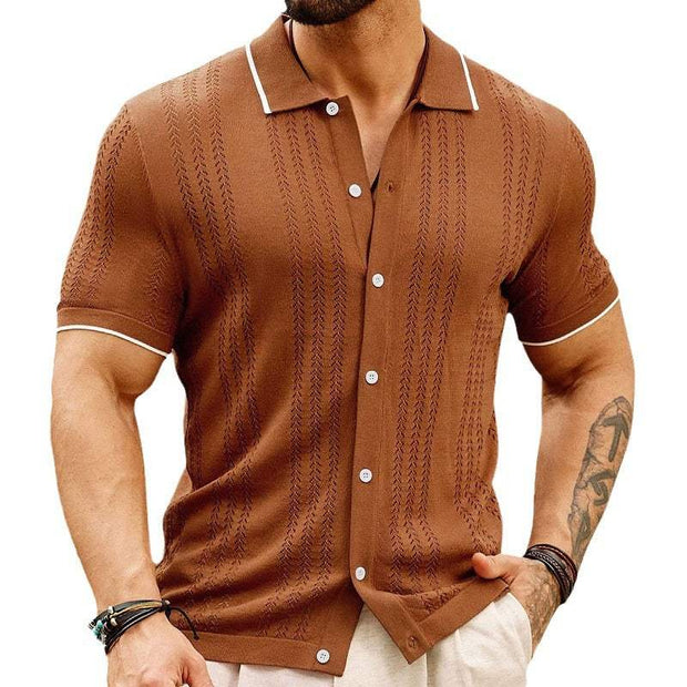 Men's brown button-down knitted shirt with short sleeves, made from thin TENCEL fabric for summer wear.