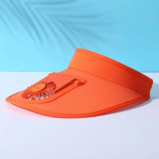 Orange sun visor hat with built-in fan and UV protection.