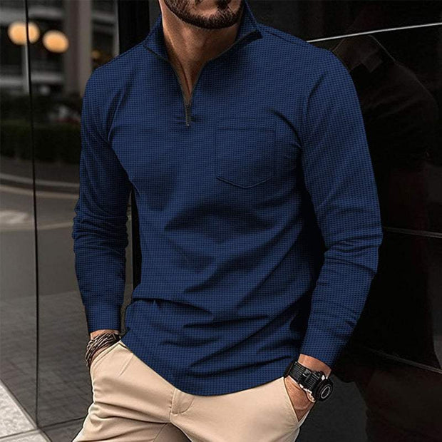 Navy blue Waffle Sports Polo Shirt with long sleeves and zipper decoration, ideal for casual and athletic settings.