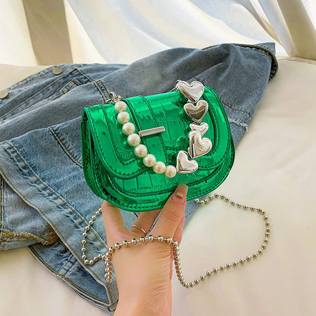 Laser Pearl Girl Tote with heart charms and pearl accent in vibrant green.