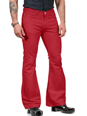 Mens red bell-bottom pants with flared legs and fitted thighs.