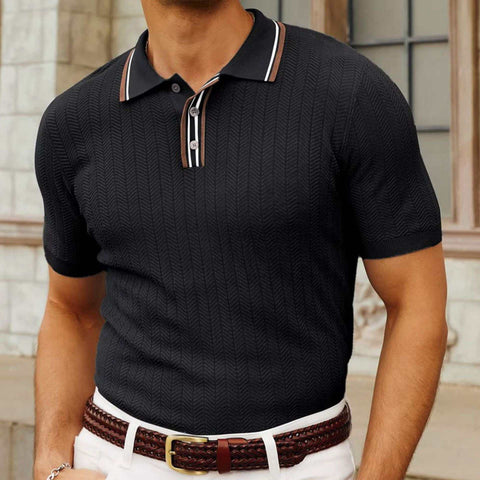 Men's black casual short sleeve sweater, stylish and comfortable design for summer leisure.