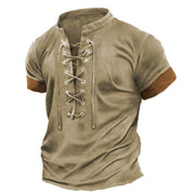 Mens retro lace-up T-shirt in khaki with vintage style and crew neck design.