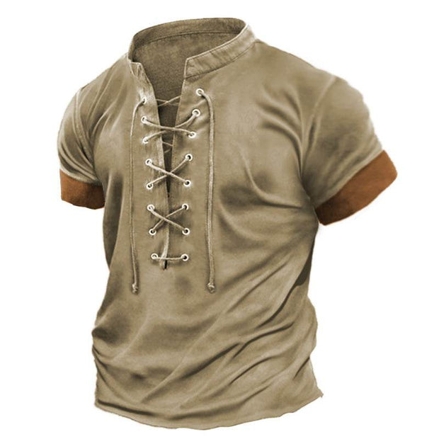 Mens retro lace-up T-shirt in khaki with vintage style and crew neck design.