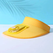 Yellow women's UV protection fan hat with wide brim and integrated fan for sun safety and cooling.
