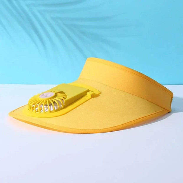 Yellow women's UV protection fan hat with wide brim and integrated fan for sun safety and cooling.