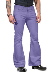 Mens violet bell-bottom pants with retro flare design.