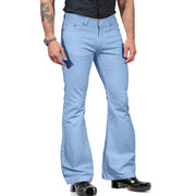 Mens light blue bell-bottom pants with retro flare design, paired with black shoes and a fitted top.