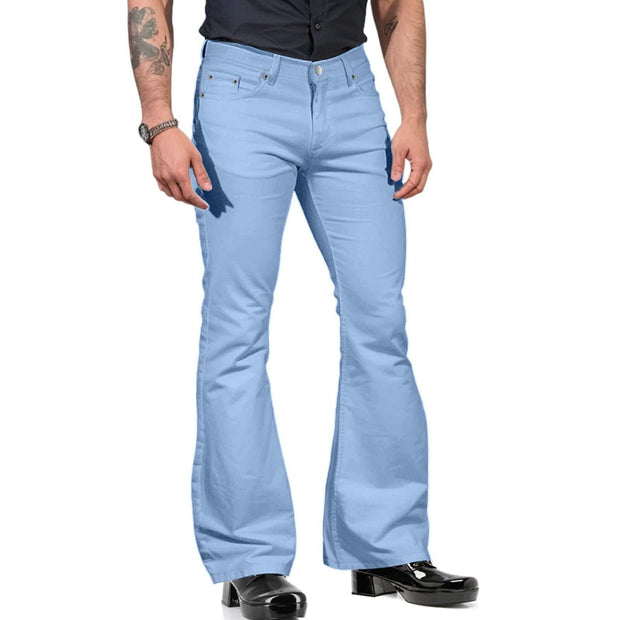 Mens light blue bell-bottom pants with retro flare design, paired with black shoes and a fitted top.