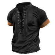 Mens retro lace-up T-shirt in black with distinctive front design.