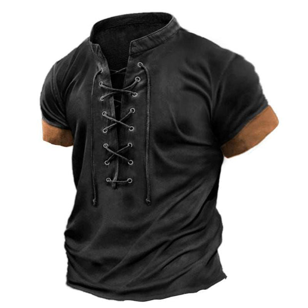 Mens retro lace-up T-shirt in black with distinctive front design.
