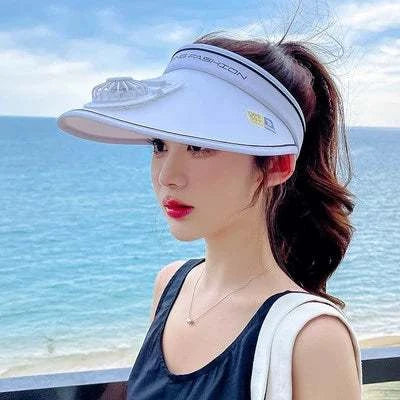 Womens UV Protection Fan Hat with wide brim and integrated fan, perfect for sunny outdoor activities.