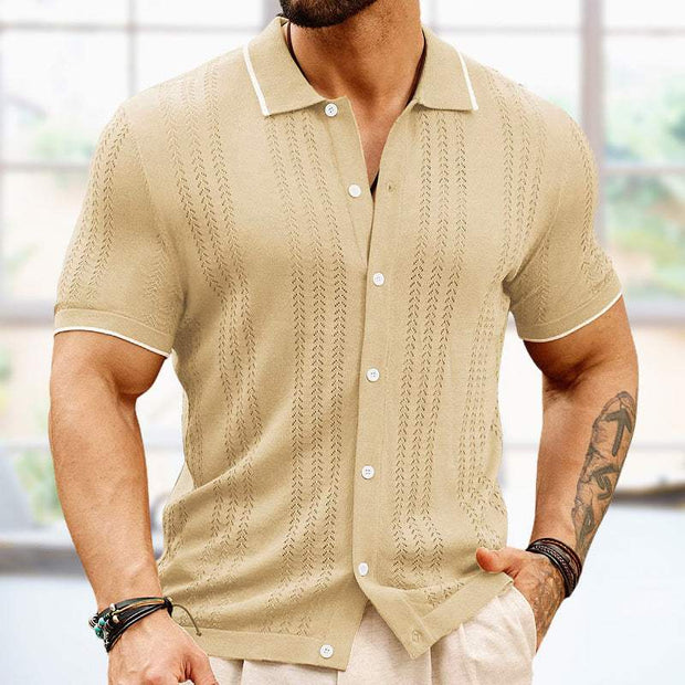 Men's thin knitted button-down shirt in khaki, short sleeves, solid color pattern.